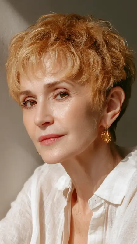 Honey Blonde Pixie with Textured Layers - hair color ideas for women over 70