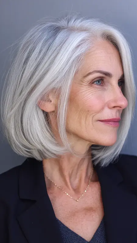Icy Platinum Layered Lob - hair color ideas for women over 70