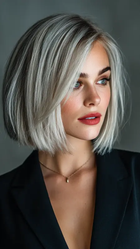 Icy Silver Sleek Bob -  silver hair color ideas 