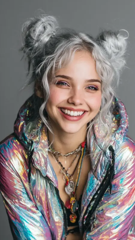 Iridescent Silver Space Buns -  silver hair color ideas 