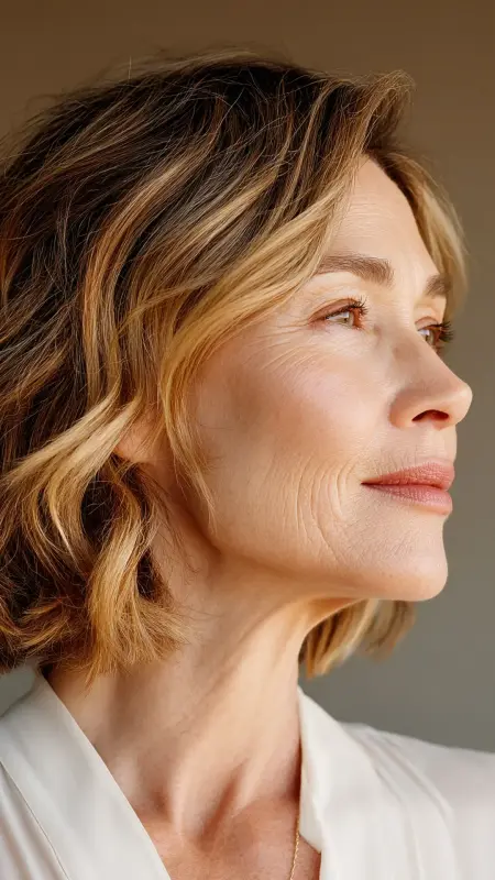 Layered Collarbone Cut with Face-Framing Highlights - medium length hair for women over 50