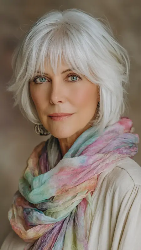 Layered Crop with Bangs - Short white hair for older women