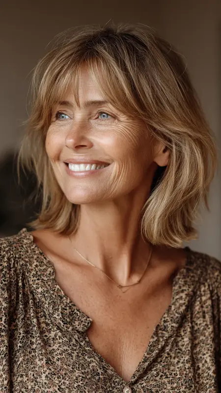 Layered Cut with Curtain Bangs - Medium length hair with layers over 60 older women