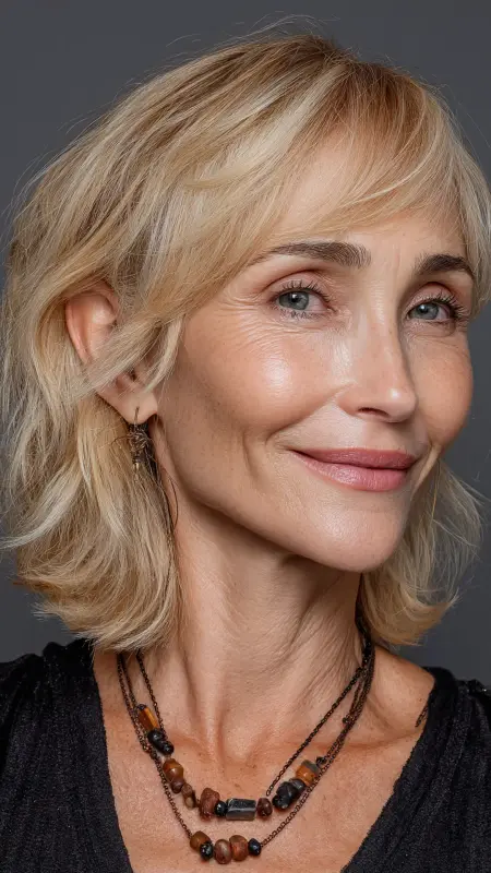 Layered Cut with Wispy Bangs - Shoulder Length Haircuts For Women Over 60