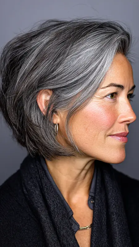 Layered Gray Bob with Deep Side Part - gray hair styles for women over 50