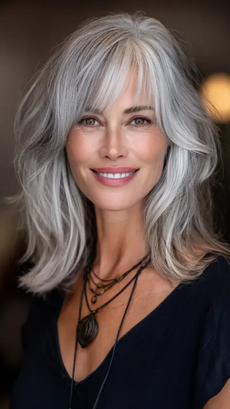 Layered Mid-Length Cut with Swoop Bangs - Medium length hair with layers over 60 older women