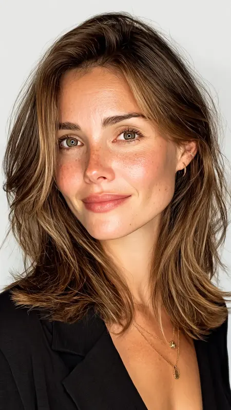 Layered Shoulder Cut with Deep Side Part - Shoulder length haircut for round faces