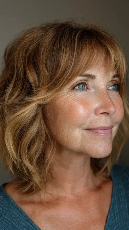 Layered Shoulder-Length Cut with Brow-Skimming - Haircuts for women over 50 with bangs
