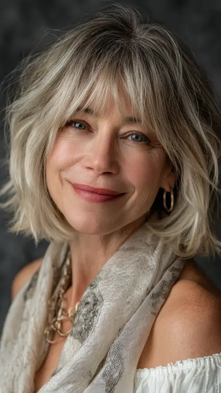 Layered Shoulder-Length Cut with Curtain Bangs - Shoulder Length Hairstyles For Women Over 60