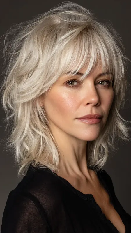 Layered Shoulder-Length Shag with Bangs - Medium length haircuts for women over 50