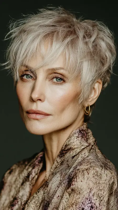 Layered Undercut Pixie with Wispy Bangs - Undercut pixie haircut for older women