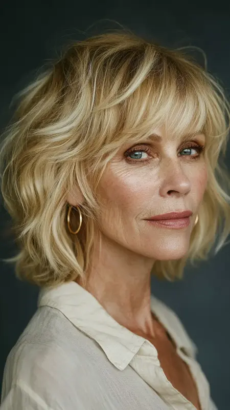 Layered Wavy Bob with Curtain Bangs - bob hair styles for women over 50