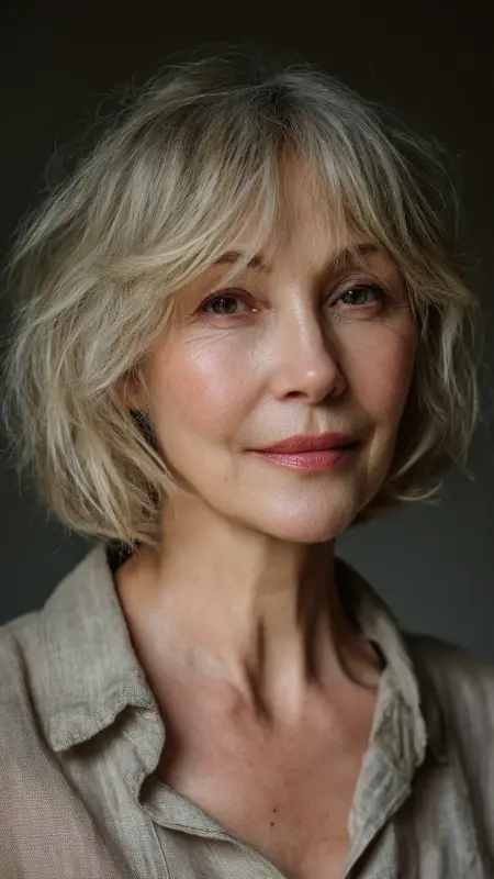 Long Bob Lob with Textured Bangs - hairstyles for women over 70 with bangs