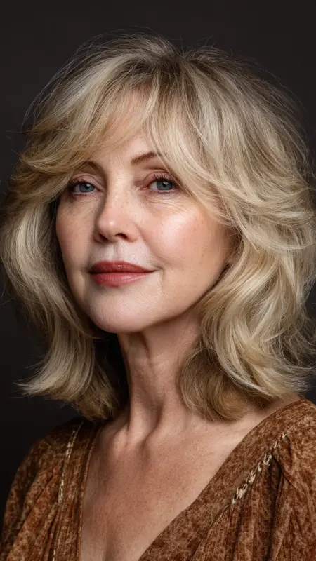 Long Layered Cut with Curtain Bangs - hairstyles for women over 70 with bangs
