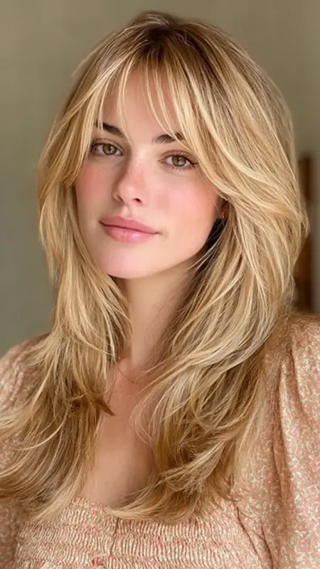 Long Layered Cut with Feathered Curtain Bangs - Face framing curtain bangs