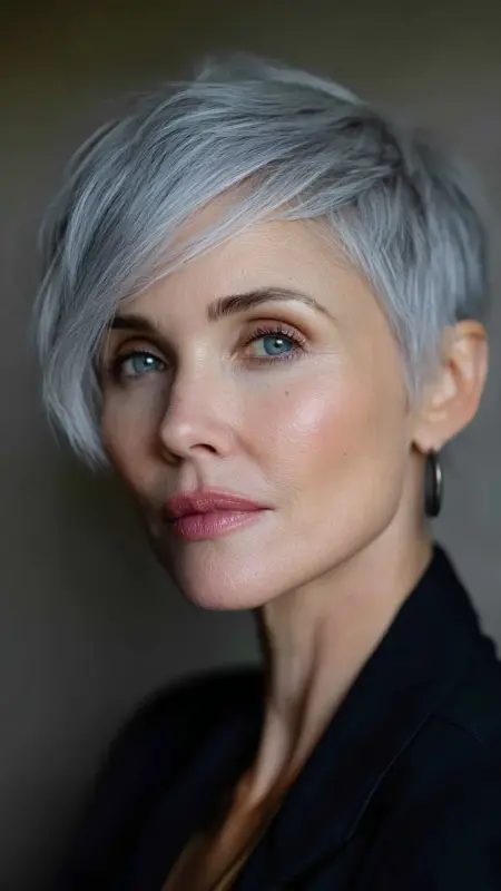 Long Pixie with Long Side Bangs - Haircuts for women over 50 with bangs