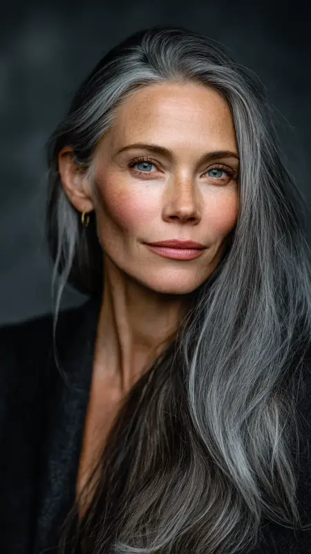 Long Sleek Gray Layers - gray hair styles for women over 50