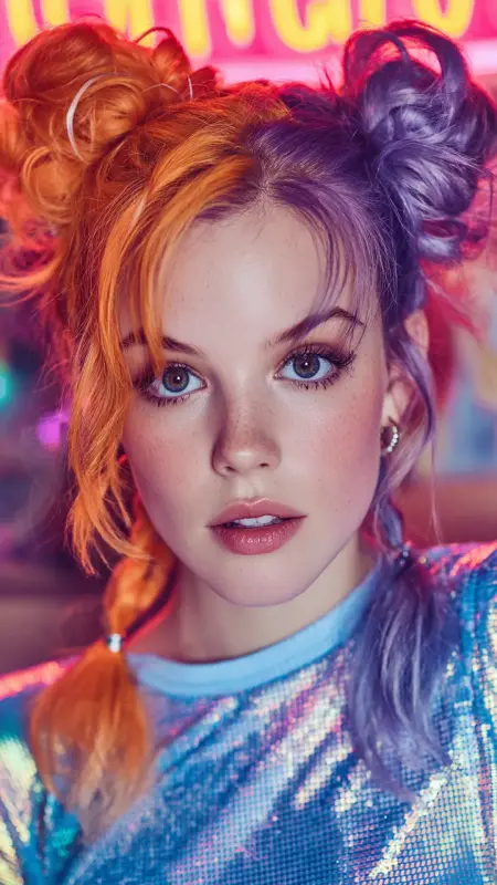 Loose Bubble Ponytail - Neon Orange Deep Plum - Two hair colors split