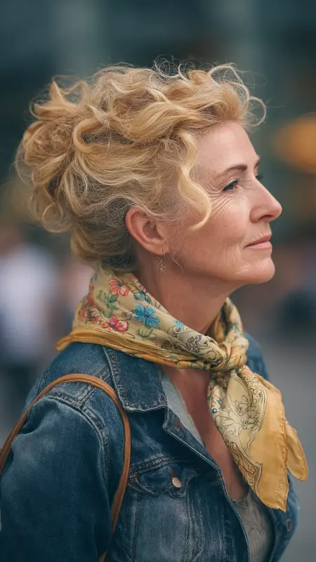Loose Curly Bun with Scarf - Hairstyles For Women Over 60 With Curly Hair
