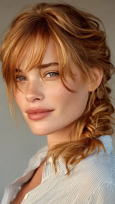 Low Braided Ponytail with Curtain Bangs - long curtain bangs round face