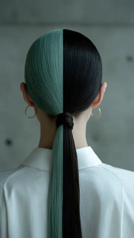 Low Side Ponytail - Mint Green Smoky Charcoal - Two hair colors split