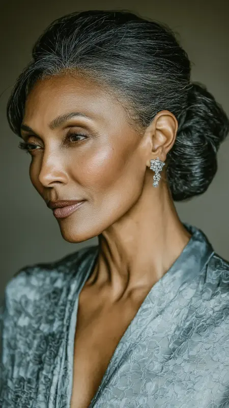 Low Twist Bun with Side Swept Bangs - Hairstyles For Black Women Over 50