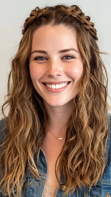 Medium Cut with Braided Crown - Medium length haircut for round faces