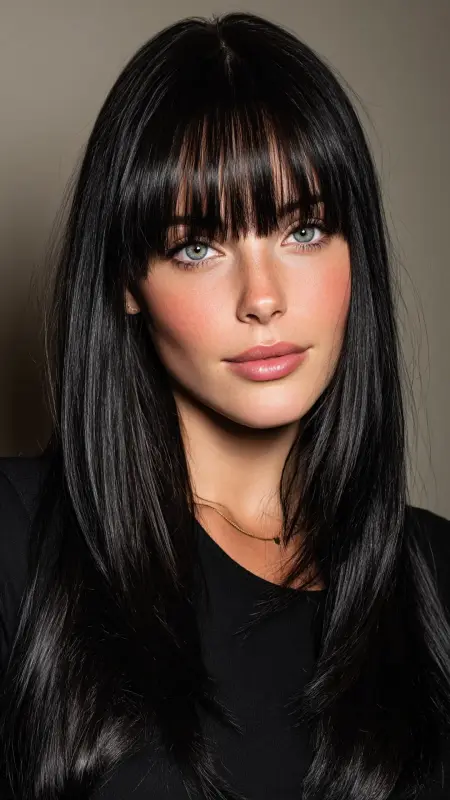 Medium-Length Cut with Blunt Bangs - Medium length haircut for round faces