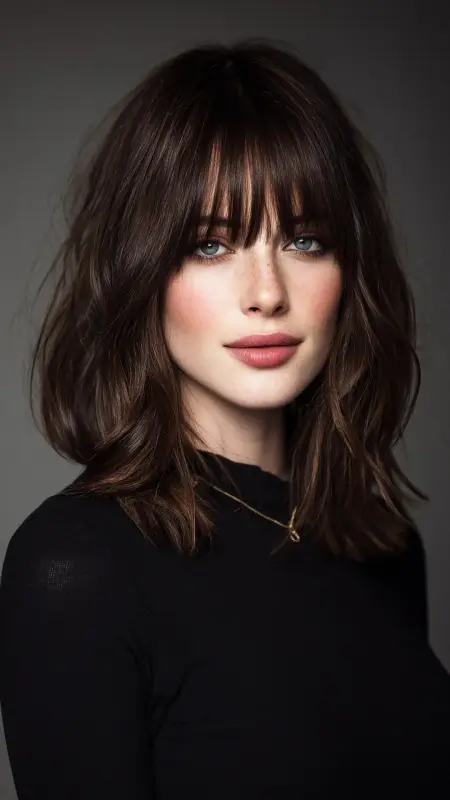 Medium-Length Layered Cut with Baby Bangs - Medium length haircut for round faces