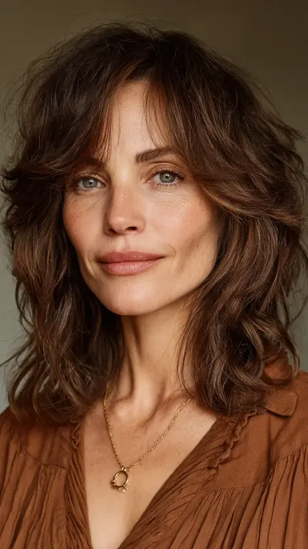 Medium Shag with Curtain Bangs - Haircuts for women over 50 with bangs