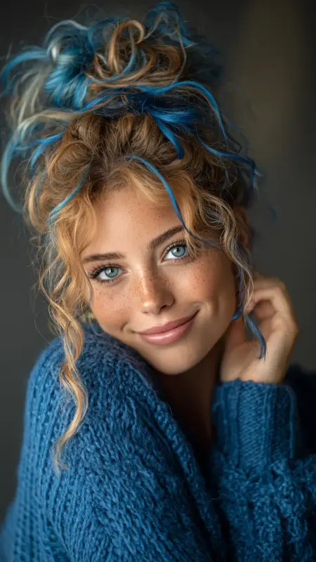 Messy Bun with Loose Fringe - Honey Blonde Ocean - Two hair colors split