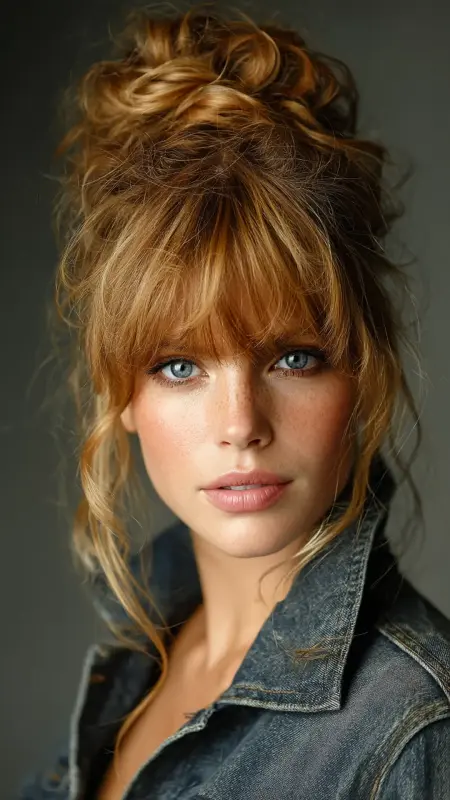Messy Bun with Voluminous Curtain Bangs - long curtain bangs round face