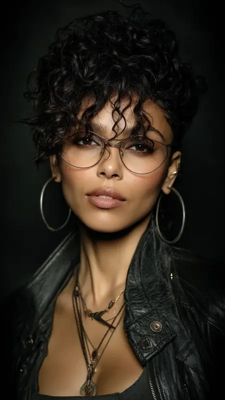 Messy Curly Pixie with Crown Volume - short curly hair with glasses