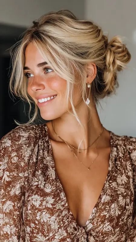 Messy Low Bun - long straight hair with curtain bangs