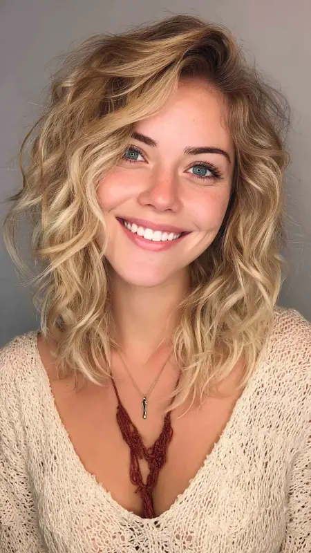 Messy Shoulder-Length Waves with Side Part - Shoulder length haircut for round faces