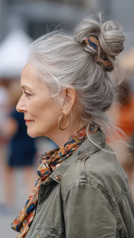 Messy Top Knot - Hairstyles for women over 70 with fine hair