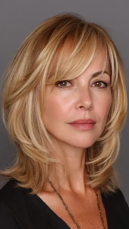 Mid-Length Cut with Swoop Bangs - Medium length haircuts for women over 50