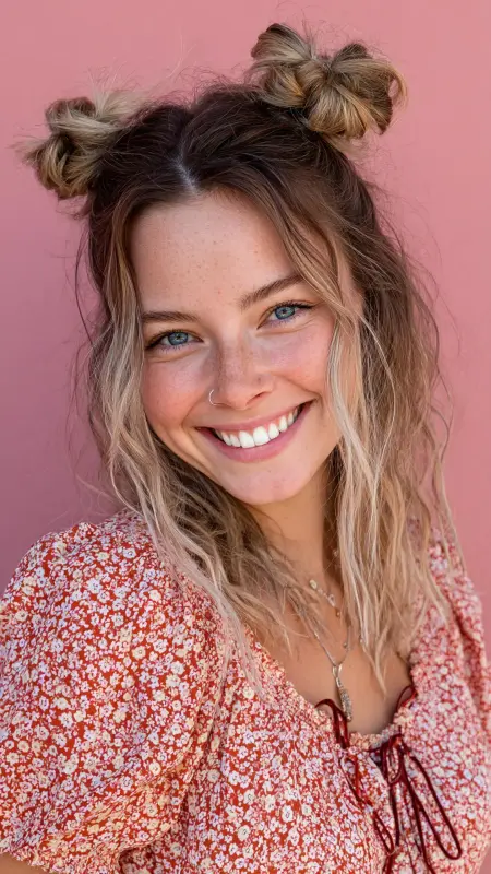 Midi Cut with Half-Up Space Buns - Medium length haircut for round faces