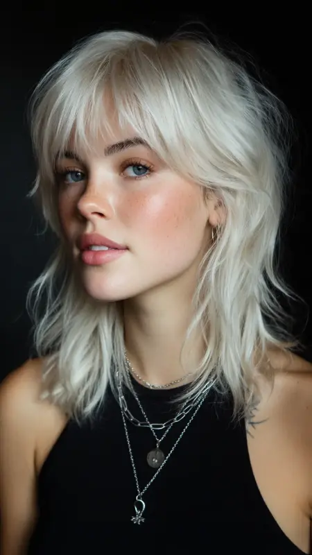 Midi Shag with Micro Bangs - Medium length haircut for round faces