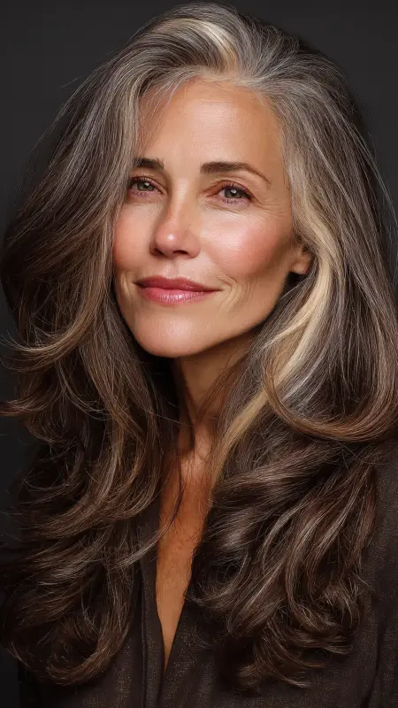 Mocha Brown with Blonde Money Piece - Hair color ideas for women over 50