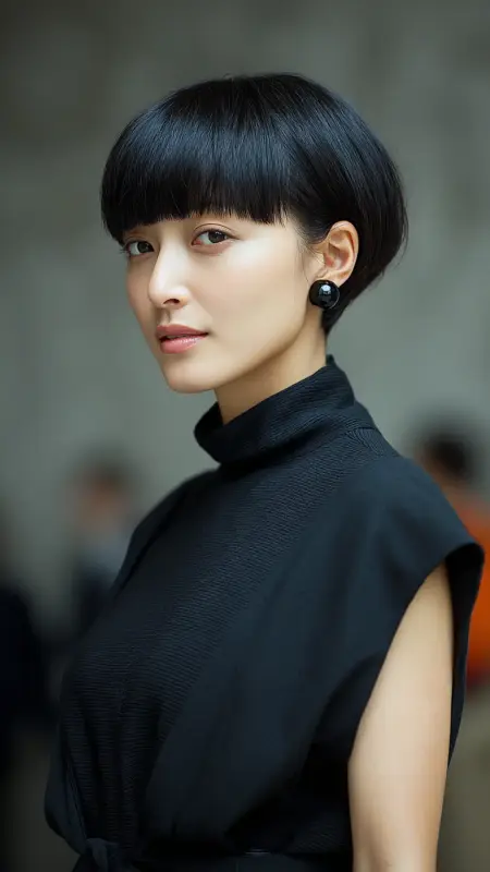 Glossy Midnight Halo: The Chic Mushroom Cut - Mushroom Haircut