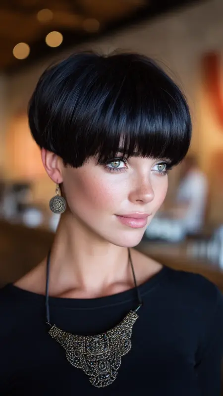 Sleek Noir Mushroom Mane - Mushroom Haircut