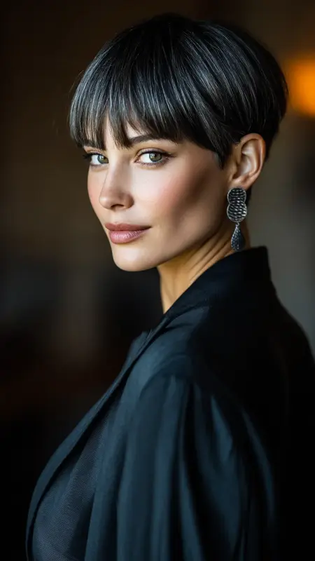 Modern Mushroom Majesty: Chic Style with Silver Streaks - Mushroom Haircut