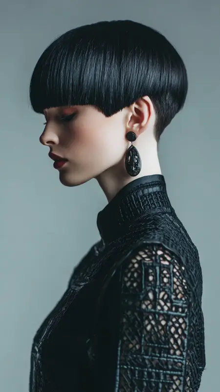 Chic Noir Mushroom Cut with Trendy Fringe - Mushroom Haircut