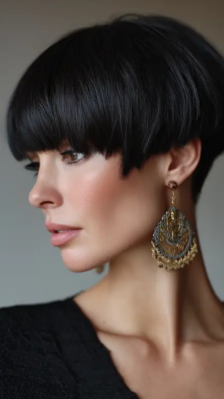 Retro Chic: The Iconic Ebony Mushroom Cut - Mushroom Haircut