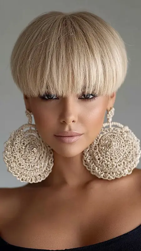 Haute Blonde Mushroom Cut with Sleek Fringe - Mushroom Haircut