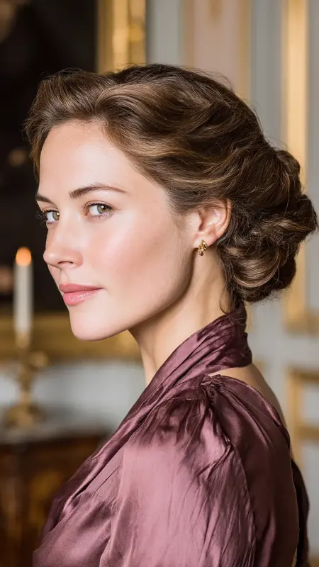 Muted Chestnut - Sculpted Chignon With Side Part - Old money hair color