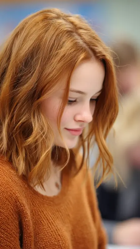 Muted Copper Tint on Shoulder-Length Layers - Hair color ideas for school