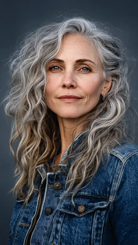 Natural Air-Dried Waves with Silver Glow - Shoulder Length Hairstyles For Women Over 60