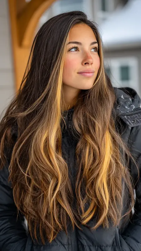 Natural Black with Caramel Chunk Highlights - Hair color ideas for school